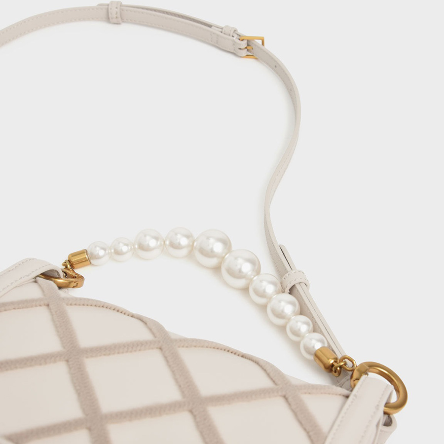 Túi Xách Nữ Charles & Keith CNK Cleo Beaded Handle Shoulder Bag  CK2-20671285 Màu Trắng Kem