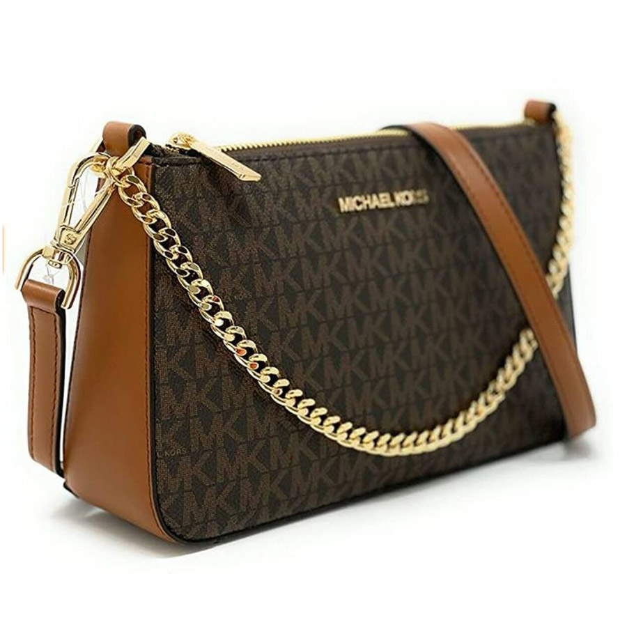 Túi Đeo Chéo Michael Kors MK Jet Set Travel Medium Pouchette Crossbody Bag MK Signature Brown Màu Nâu