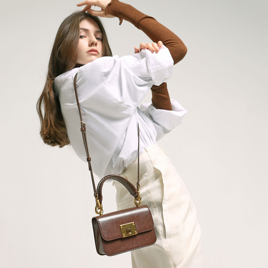 Túi Xách Nữ Charles & Keith CNK Metallic Turn-Lock Bag CK2-50781528 Màu Nâu