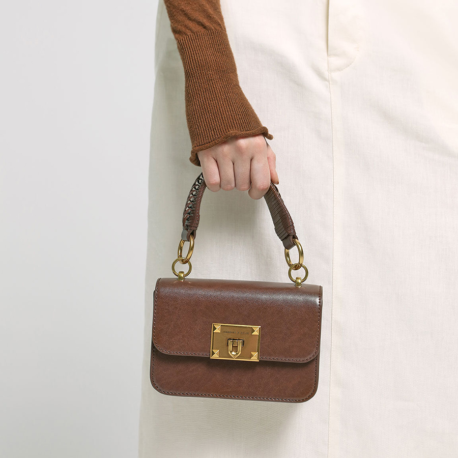 Túi Xách Nữ Charles & Keith CNK Metallic Turn-Lock Bag CK2-50781528 Màu Nâu