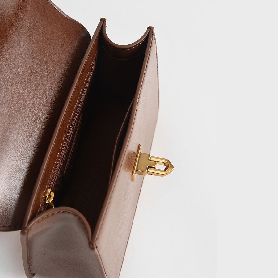 Túi Xách Nữ Charles & Keith CNK Metallic Turn-Lock Bag CK2-50781528 Màu Nâu