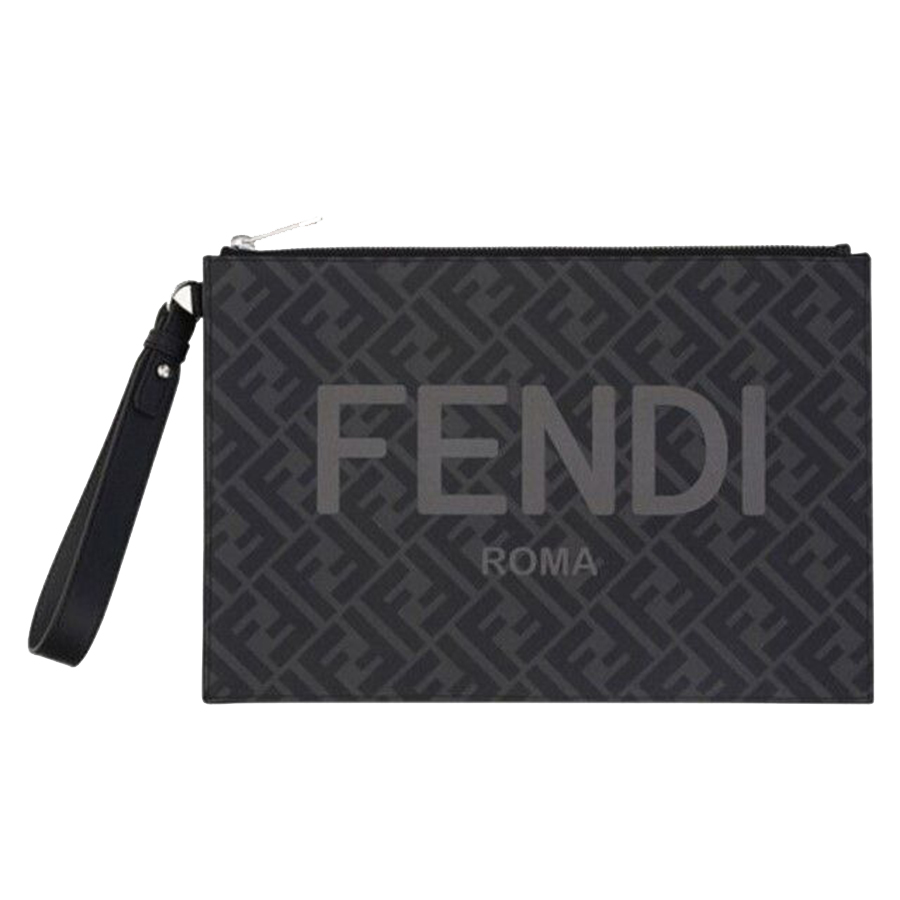 Túi Cầm Tay Fendi Flat Pouch FF Monogram Black/Gray Màu Đen Xám