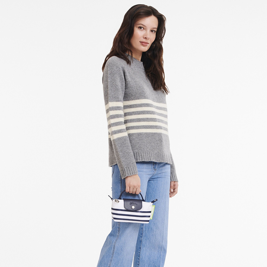 Túi Xách Tay Nữ Longchamp Le Pliage Collection Pouch 34205HDF165 Màu Xanh Navy-Trắng (Kèm Dây Đeo Của Hãng)