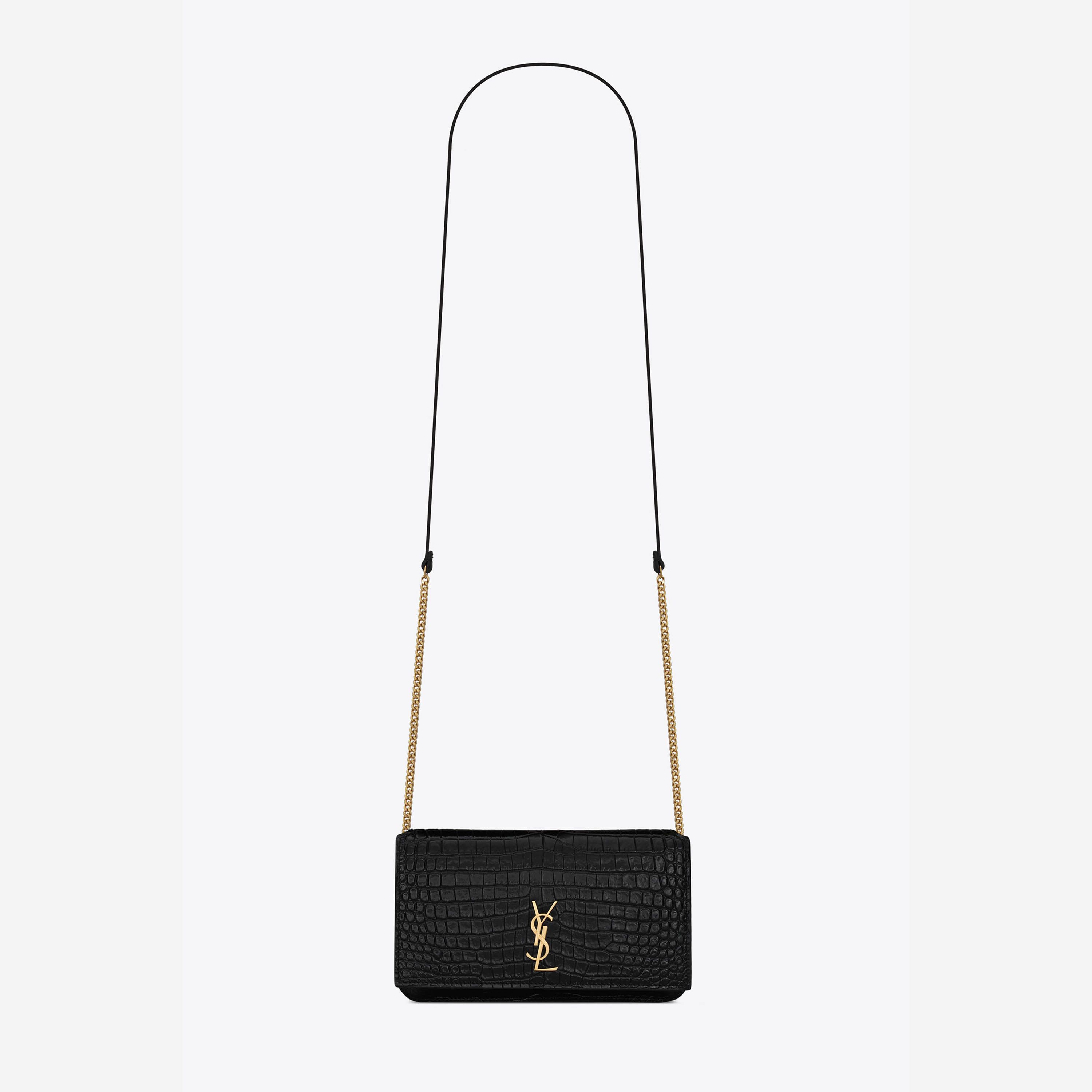 Túi Đeo Chéo Đựng Điện Thoại Nữ Yves Saint Laurent YSL Cassandre Phone Holder With Strap In Shiny Crocodile 635095DND1J1000 Màu Đen