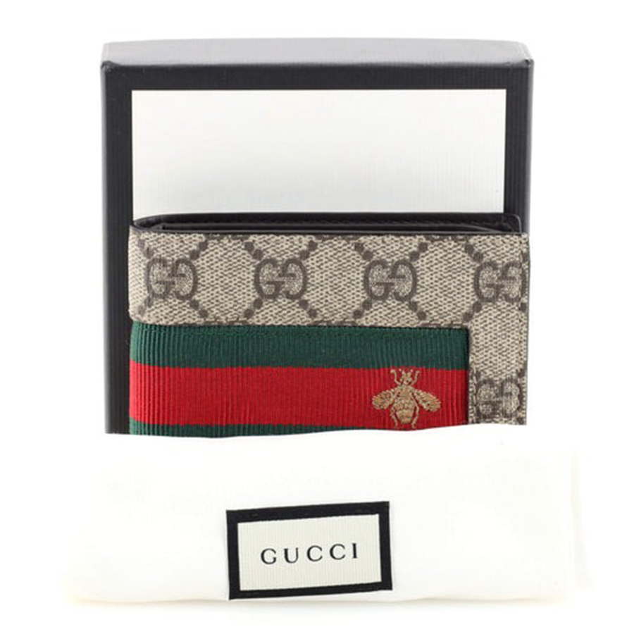 Ví Nam Gucci Bee Web Bifold Wallet GG Coated Canvas Màu Nâu Be