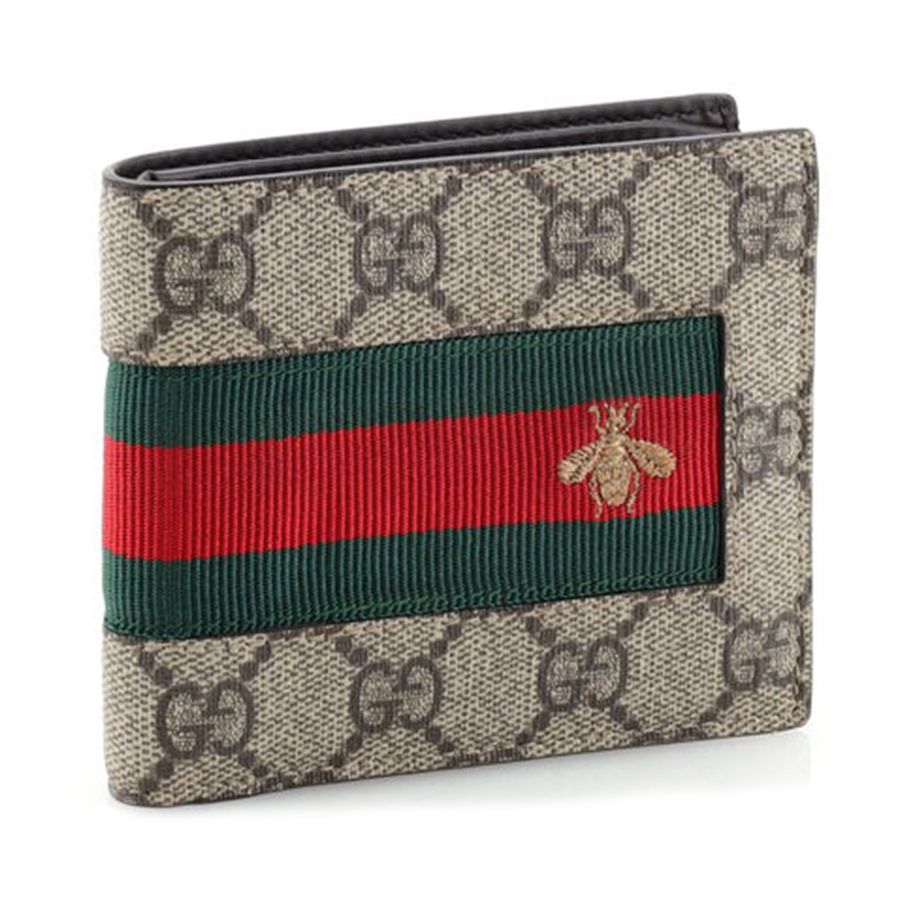 Ví Nam Gucci Bee Web Bifold Wallet GG Coated Canvas Màu Nâu Be