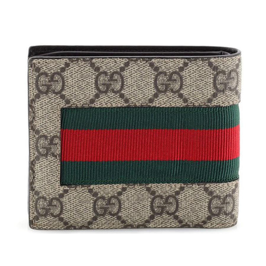 Ví Nam Gucci Bee Web Bifold Wallet GG Coated Canvas Màu Nâu Be