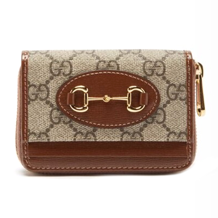 Ví Nữ Gucci Horsebit 1955 Zip Around Card Case GG Coated Canvas Màu Nâu