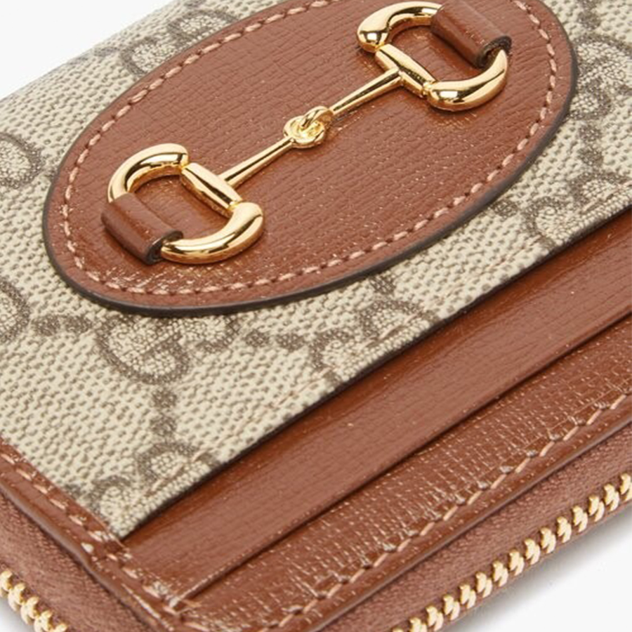 Ví Nữ Gucci Horsebit 1955 Zip Around Card Case GG Coated Canvas Màu Nâu