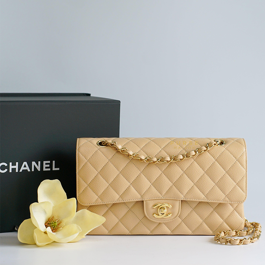 Túi Đeo Chéo Nữ Chanel Beige Clair Caviar Medium Classic Ghw Màu Be