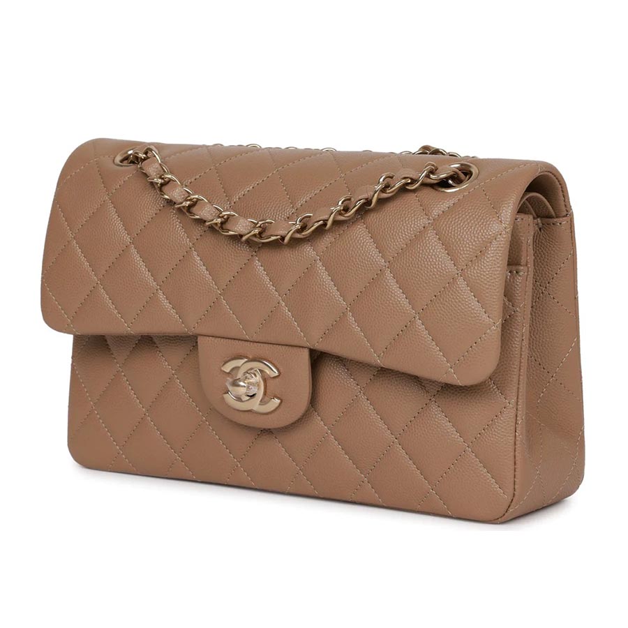 Túi Đeo Chéo Nữ Chanel Small Classic Double Flap Dark Beige Caviar Light Gold Hardware Màu Be Đậm