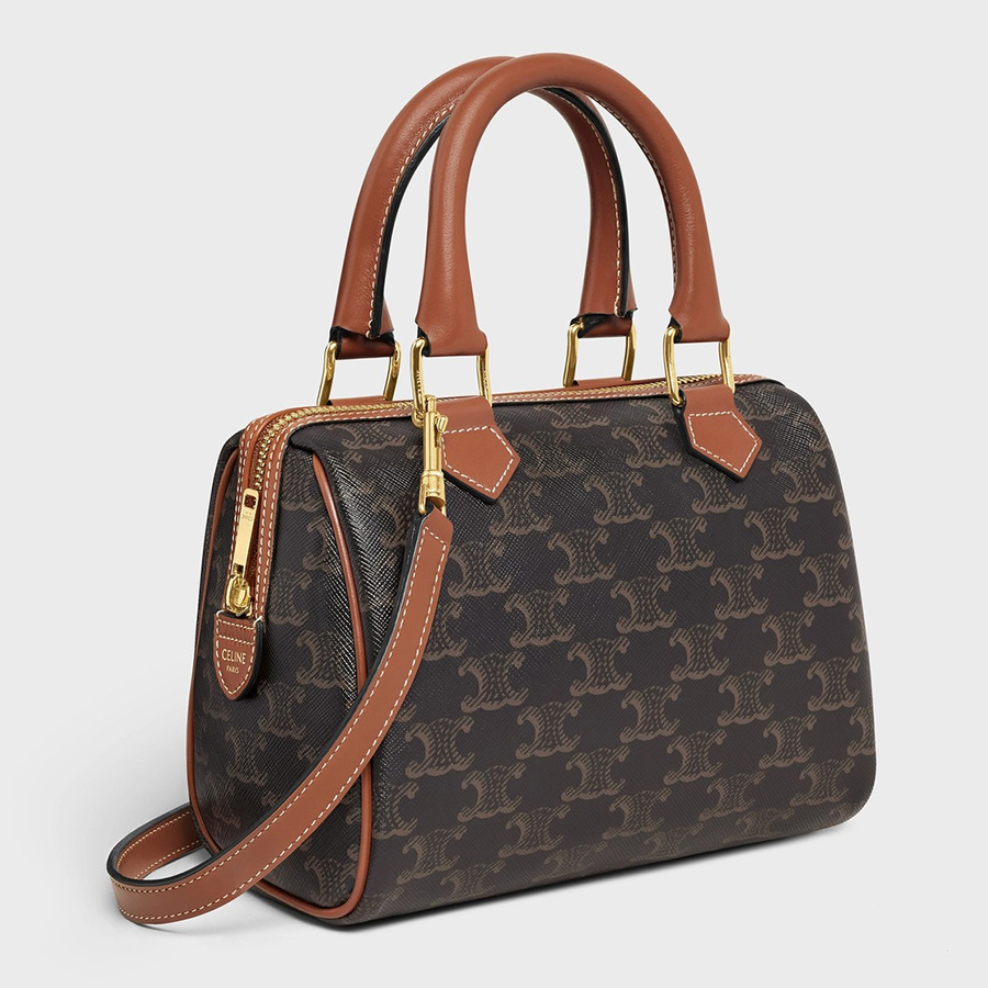 Túi Xách Nữ Celine Small Boston In Triomphe Canvas And Calfskin Màu Đen Nâu