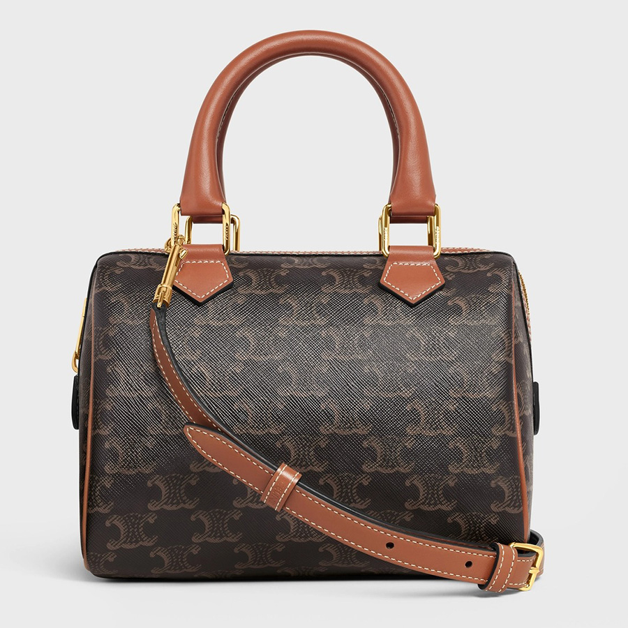 Túi Xách Nữ Celine Small Boston In Triomphe Canvas And Calfskin Màu Đen Nâu