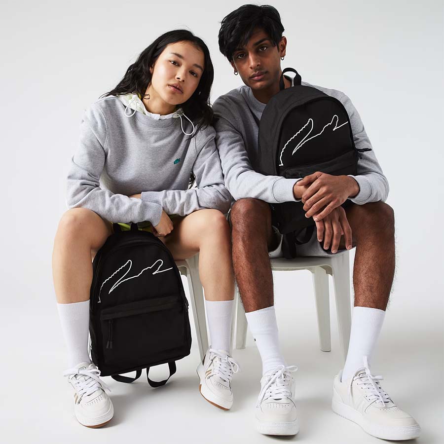 Balo Lacoste Unisex Crocodile Print Canvas Backpack Màu Đen