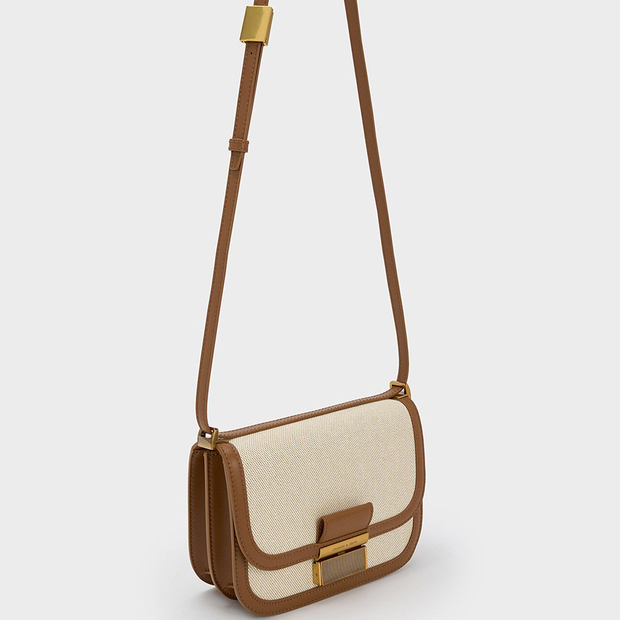 Túi Đeo Chéo Nữ Charles & Keith CNK Charlot Canvas Crossbody Bag - Chocolate CK2-80782074 Màu Nâu Kem