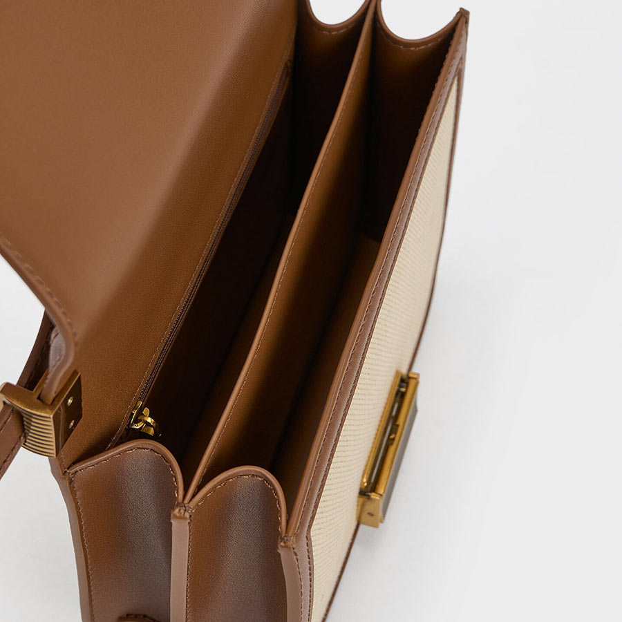 Túi Đeo Chéo Nữ Charles & Keith CNK Charlot Canvas Crossbody Bag - Chocolate CK2-80782074 Màu Nâu Kem