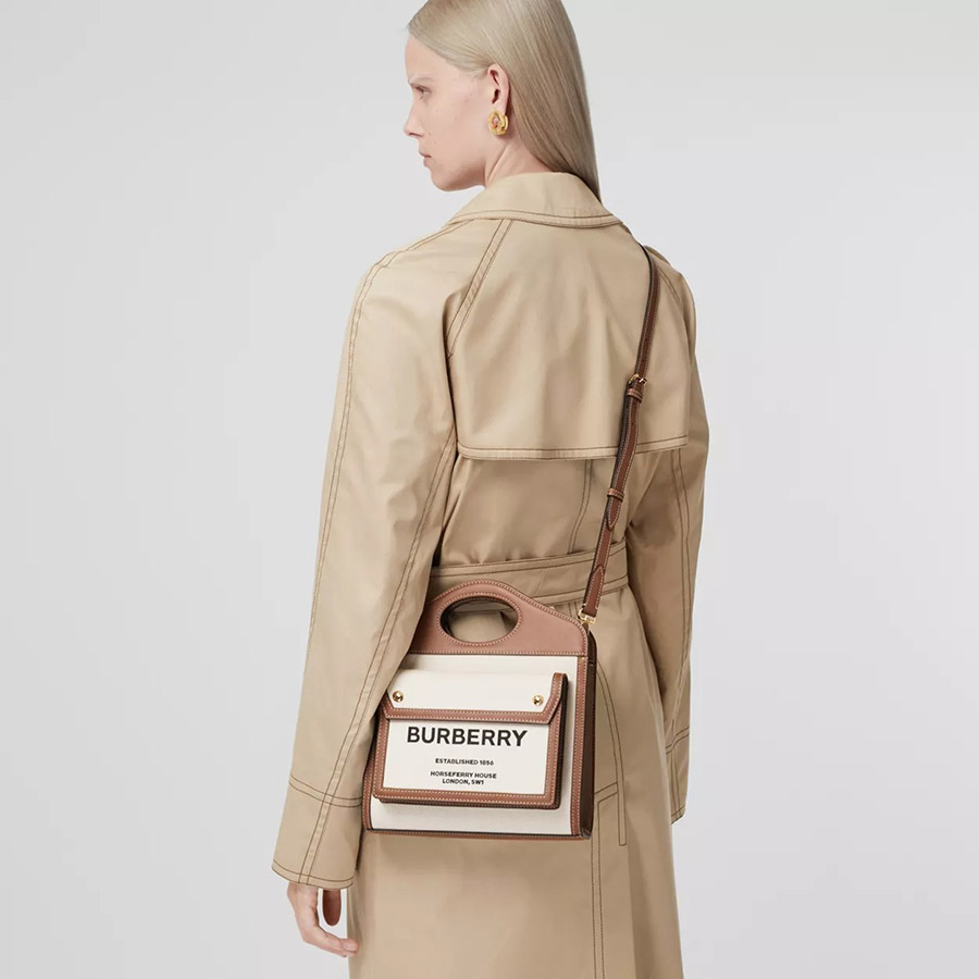 Túi Đeo Chéo Burberry Mini Two-Tone Canvas And Leather Pocket Bag Màu Nâu Kem