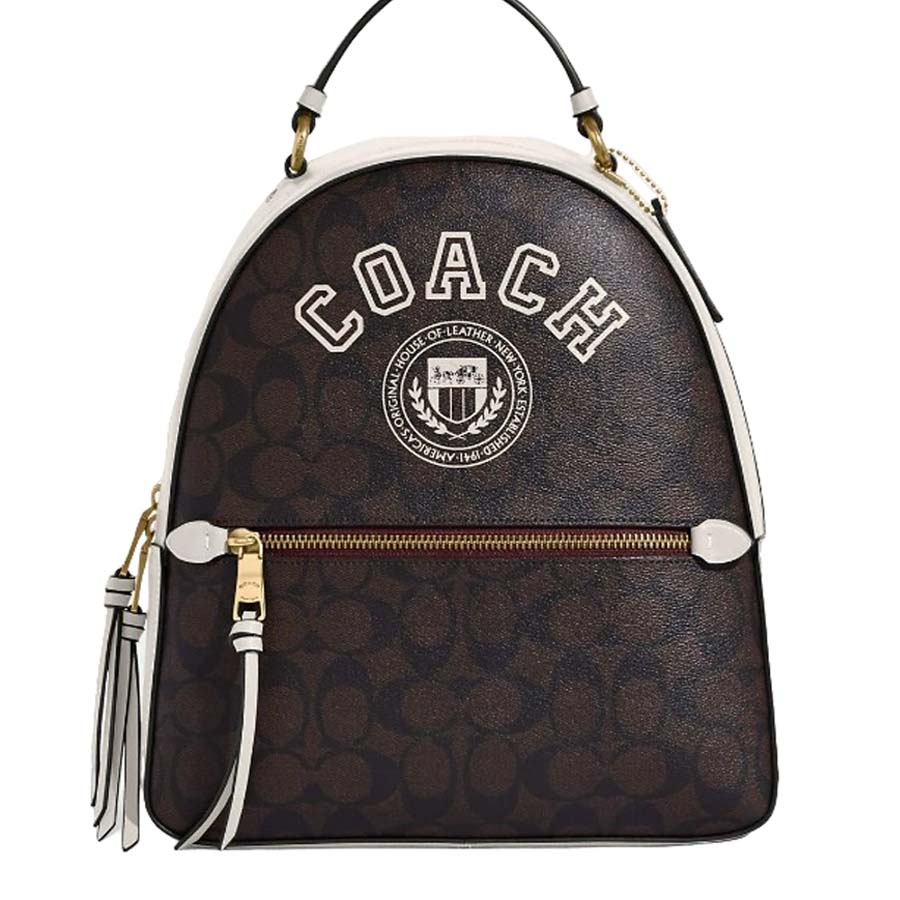 Balo Coach Jordyn Backpack In Signature Canvas With Varsity Motif Màu Nâu - Trắng