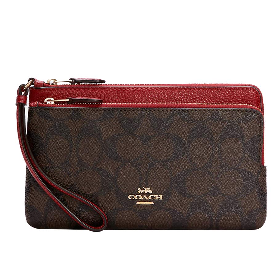 Ví Coach Double Zip Wallet In Signature Canvas C5576 Màu Nâu Đỏ