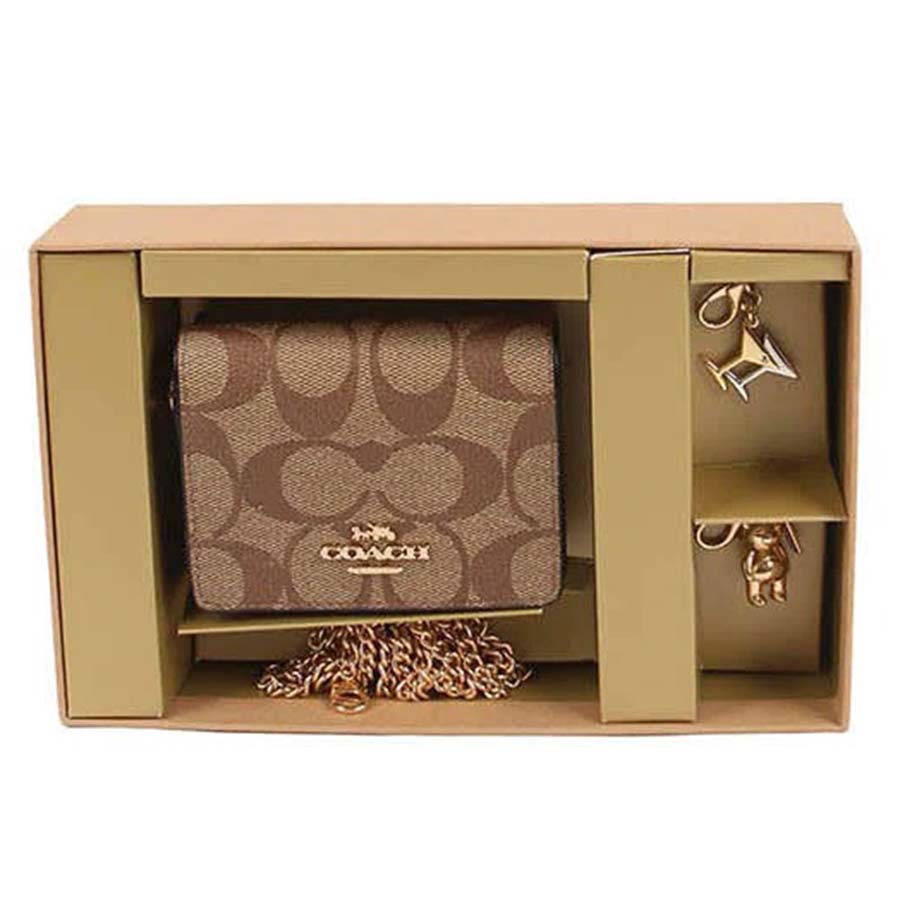 Set Ví Nữ Coach Boxed Mini Wallet C7355 On A Chain Blocked Signature Canvas In Khaki Brown Multi Màu Nâu Be