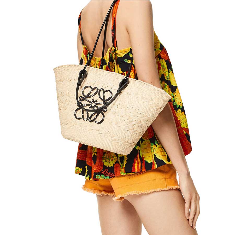 Túi Tote Loewe Anagram Basket Bag In Iraca Palm And Calfskin A223T43X02 Màu Kem Đen