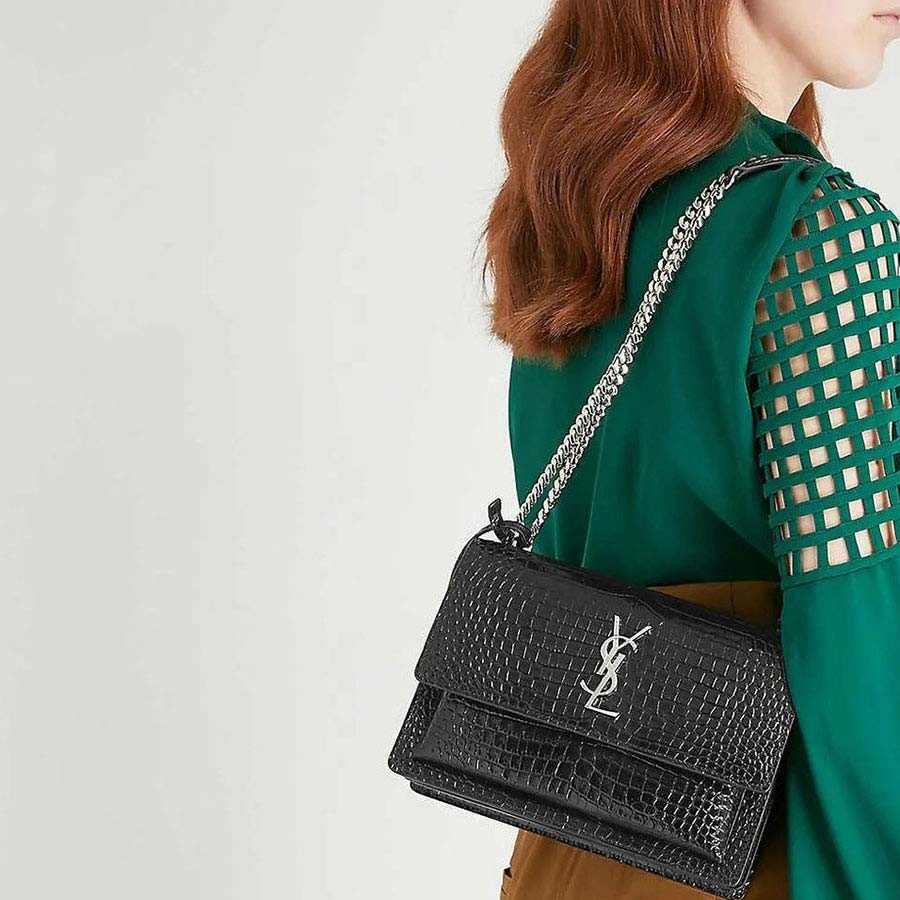 Túi Đeo Chéo Nữ Yves Saint Laurent YSL Sunset Medium Crocodile-Embossed Leather Shoulder Bag Màu Đen Size 22