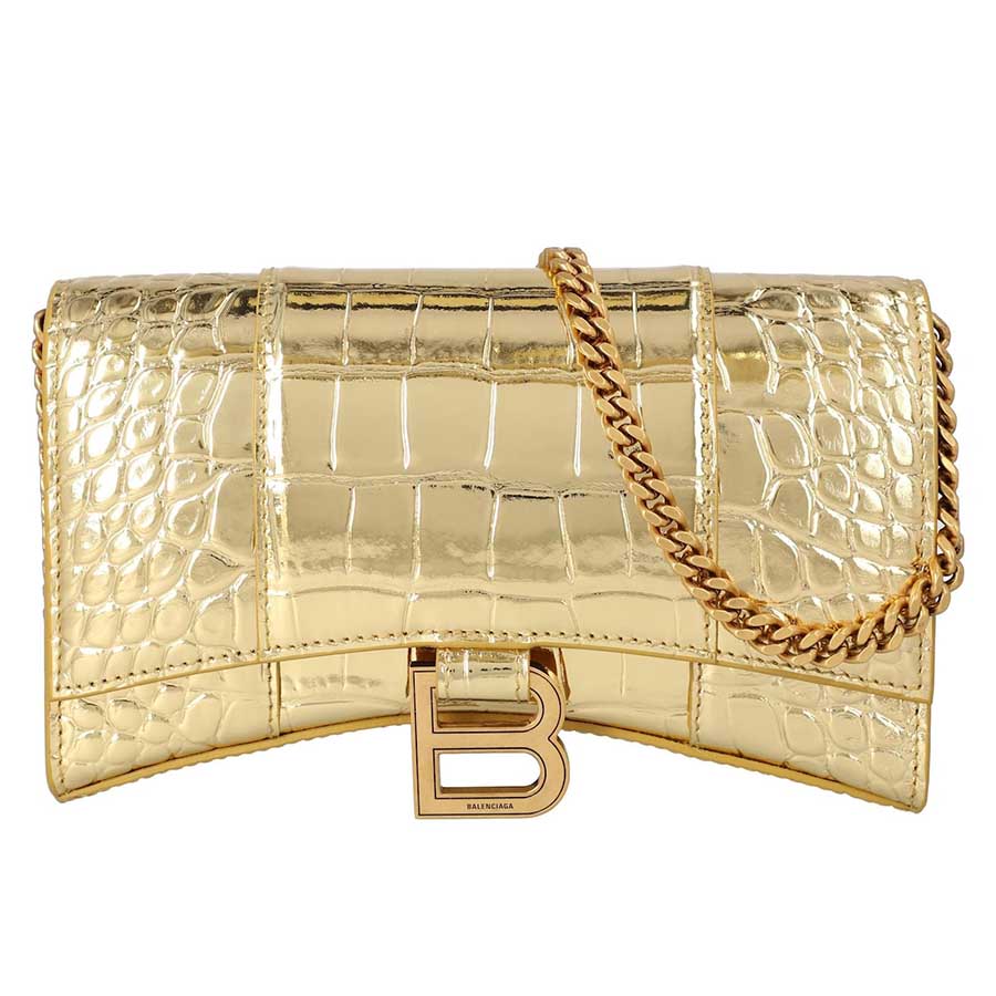 Túi Đeo Chéo Balenciaga Hourglass Croc-Embossed Leather Wallet-On-Chain In Gold Màu Vàng Gold