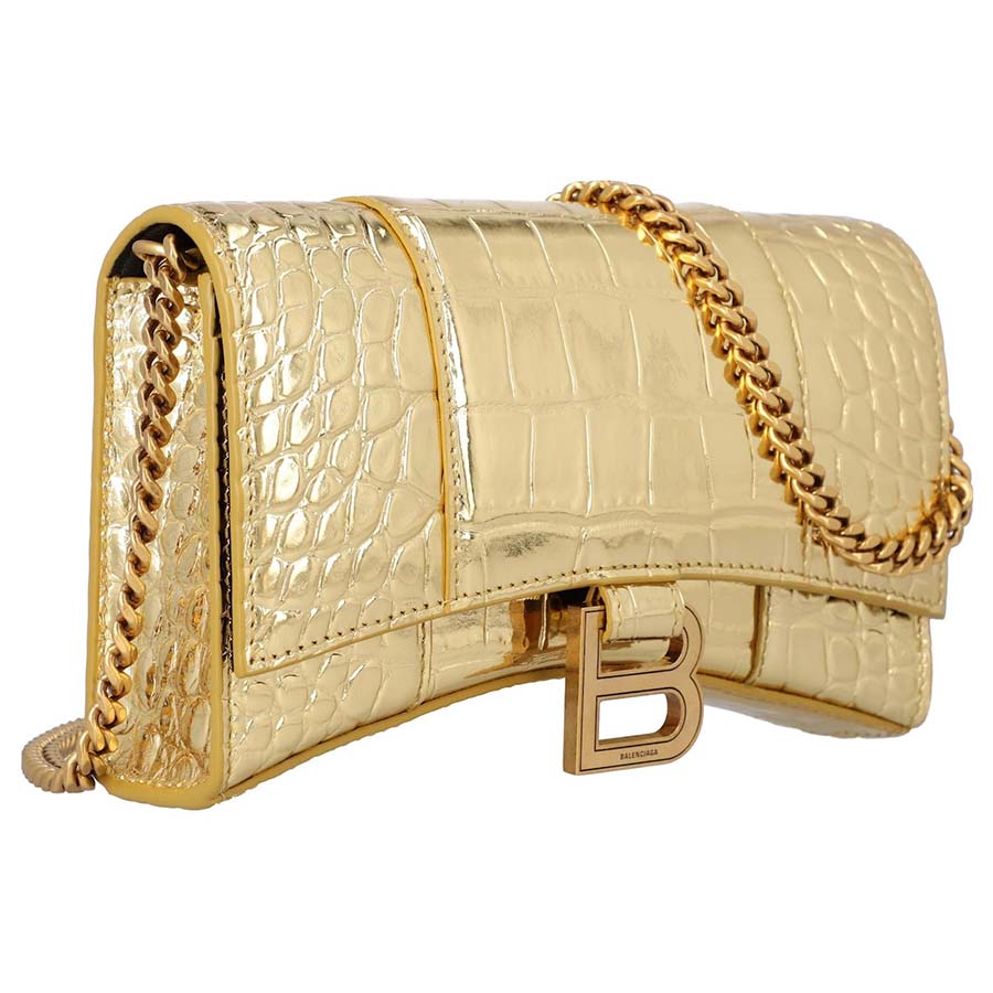 Túi Đeo Chéo Balenciaga Hourglass Croc-Embossed Leather Wallet-On-Chain In Gold Màu Vàng Gold
