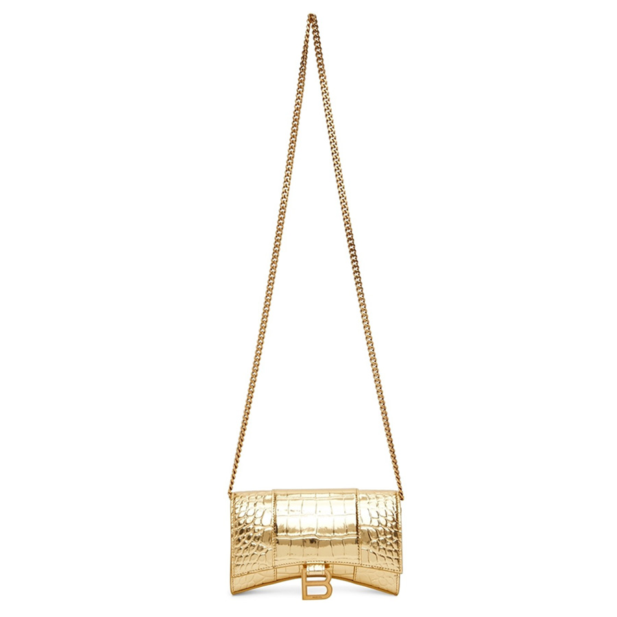 Túi Đeo Chéo Balenciaga Hourglass Croc-Embossed Leather Wallet-On-Chain In Gold Màu Vàng Gold