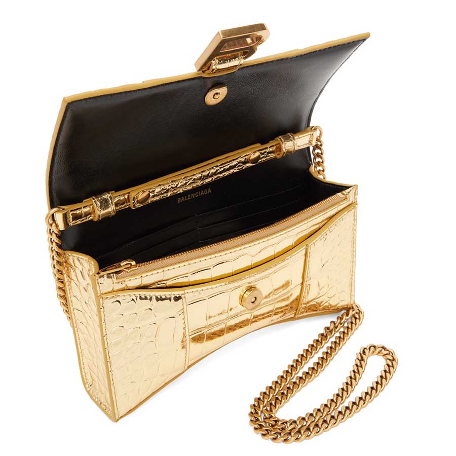 Túi Đeo Chéo Balenciaga Hourglass Croc-Embossed Leather Wallet-On-Chain In Gold Màu Vàng Gold