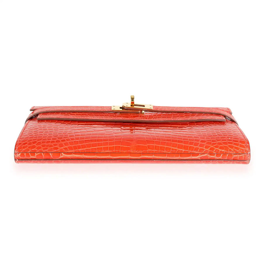 Ví Cầm Tay Nữ Hermès Tangerine Shiny Alligator Classic Kelly Wallet GHW Màu Cam