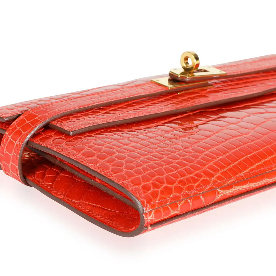 Ví Cầm Tay Nữ Hermès Tangerine Shiny Alligator Classic Kelly Wallet GHW Màu Cam