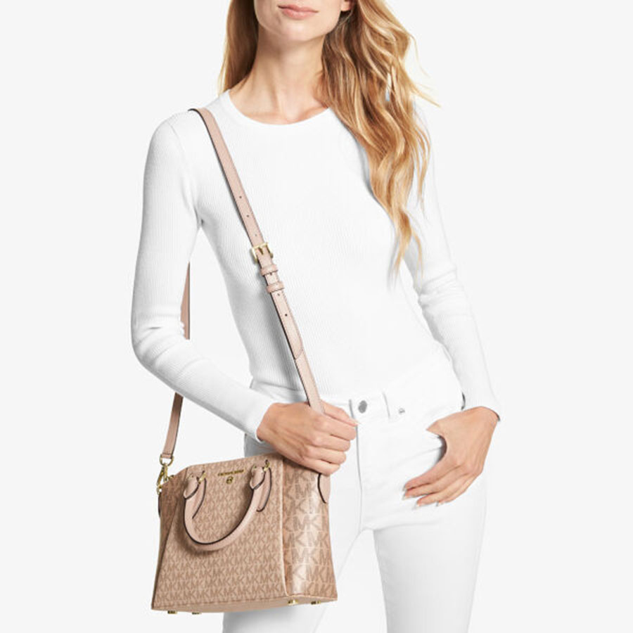 Túi Xách Michael Kors MK Sienna Medium Logo and Leather Messenger Bag Màu Hồng Nhạt