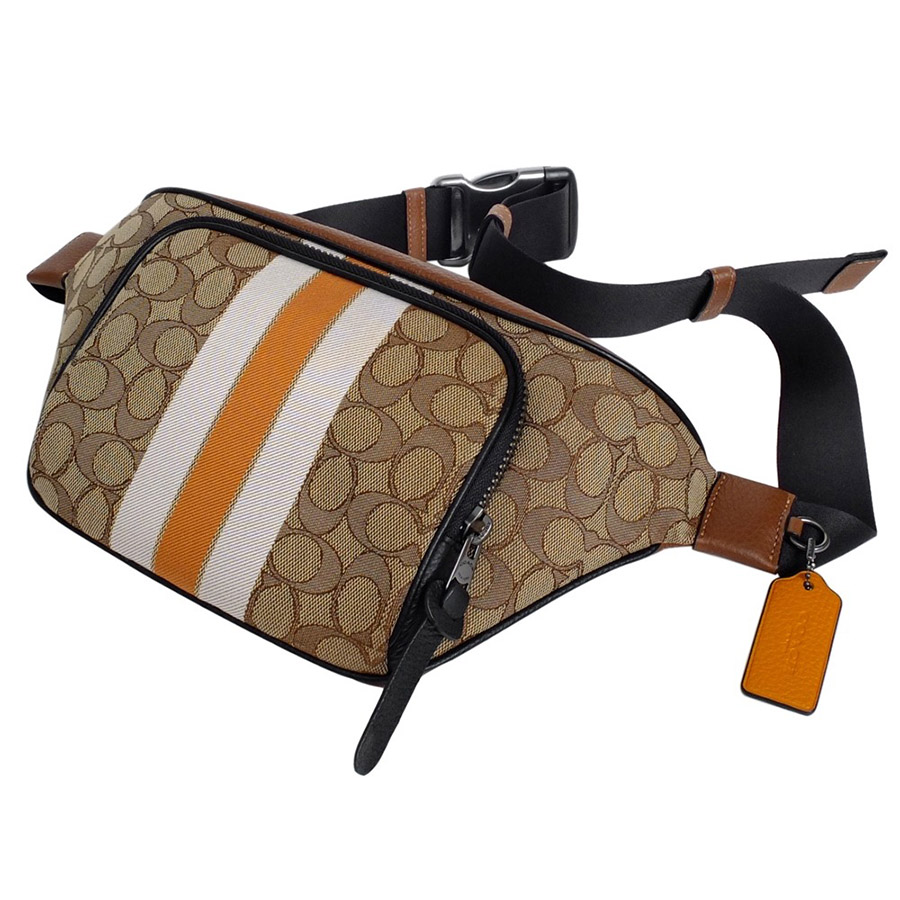 Túi Đeo Hông Coach Nam Thompson Belt Bag In Signature Jacquard With Varsity Stripe Màu Nâu