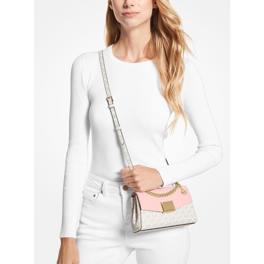 Túi Đeo Chéo Michael Kors MK Lita Small Two-Tone Logo And Leather Crossbody Bag Màu Vanilla Phối Hồng