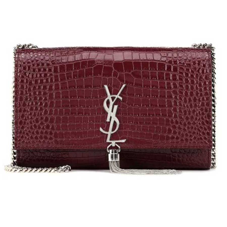 Túi Đeo Chéo Nữ Yves Saint Laurent YSL Kate Medium With Tassel In Embossed Crocodile Shiny Leather Dark Red Màu Đỏ Rượu