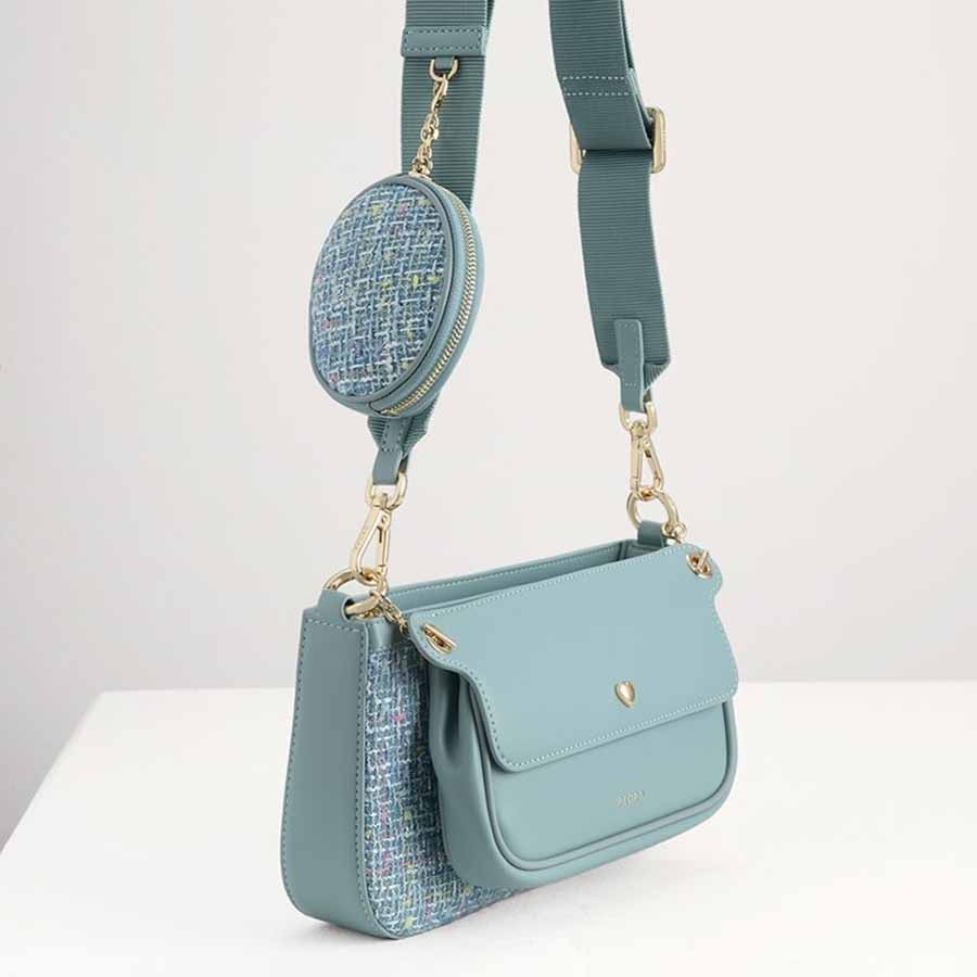 Túi Đeo Vai Pedro Tweed Double Flap Shoulder Bag Màu Xanh