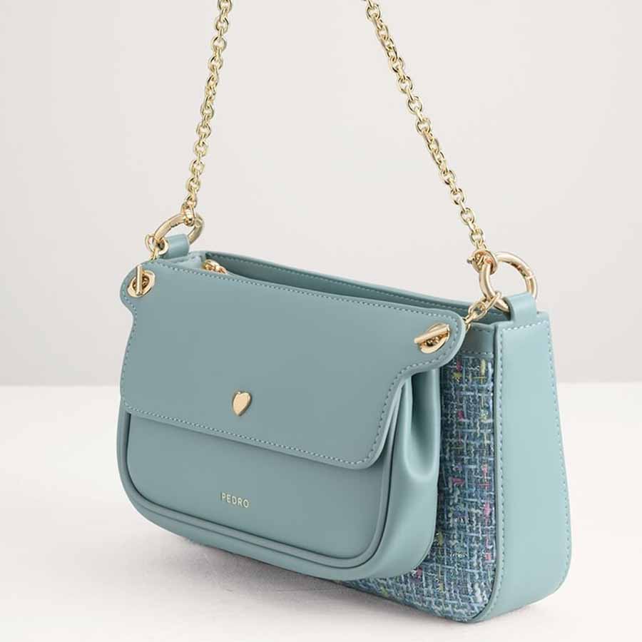 Túi Đeo Vai Pedro Tweed Double Flap Shoulder Bag Màu Xanh