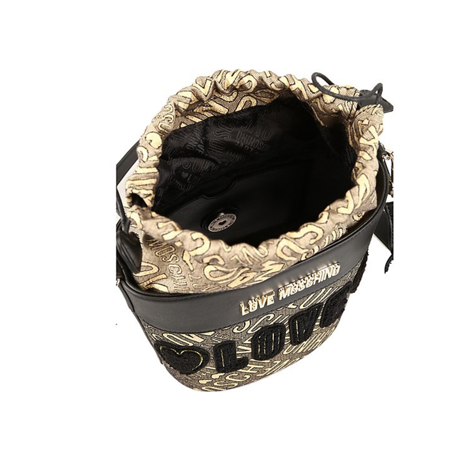 Túi Xách Love Moschino Signature Canvas And Eco Leather Bucket Bag Màu Đen Phối Be
