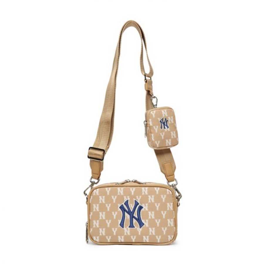 Túi Đeo Chéo MLB Monogram Jacquard Mini Crossbody Bag New York Yankees 3ACRS022N-50BGD Màu Nâu Be Size 18