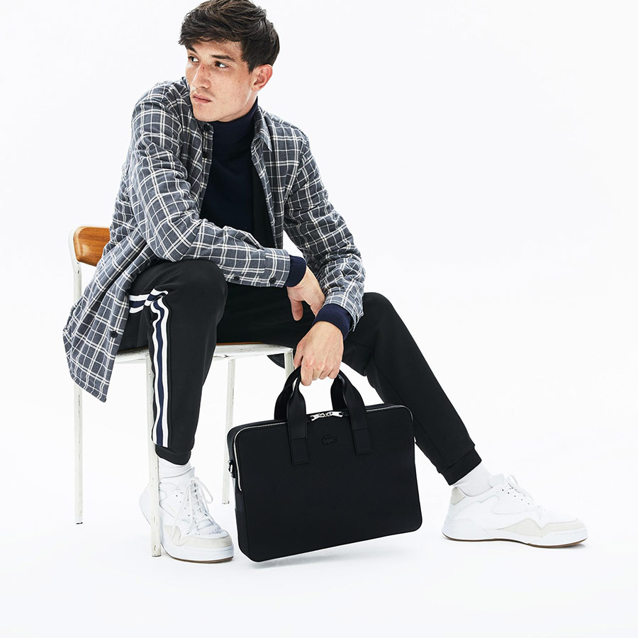 Túi Xách Đựng Máy Tính Lacoste Men's Chantaco Matte Piqué Leather Computer Bag NH2921CE Màu Đen