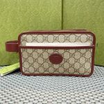 Túi Cầm Tay Nam Gucci GG Leather And Canvas Travel Pouch W/ Interlocking G In Red/Beige Màu Beige Viền Da Đỏ Mận