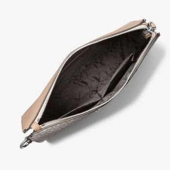 Ví Cầm Tay Michael Kors MK Cooper Logo Stripe And Faux Leather Wristlet 37R3LCOU9U Màu Nâu Vàng