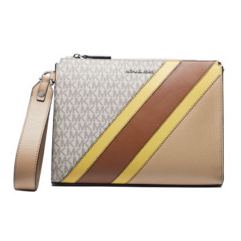 Ví Cầm Tay Michael Kors MK Cooper Logo Stripe And Faux Leather Wristlet 37R3LCOU9U Màu Nâu Vàng