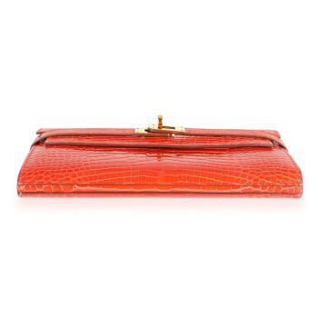 Ví Cầm Tay Nữ Hermès Tangerine Shiny Alligator Classic Kelly Wallet GHW Màu Cam