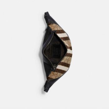 Túi Đeo Hông Coach Nam Belt Warren In Signature With Stripes Gunmetal Khaki Black Jacquard Cross Body Bag Màu Nâu
