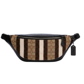 Túi Đeo Hông Coach Nam Belt Warren In Signature With Stripes Gunmetal Khaki Black Jacquard Cross Body Bag Màu Nâu