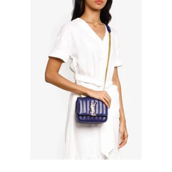 Túi Đeo Chéo Nữ Yves Saint Laurent YSL Blue Quilted Leather Small Vicky Crossbody Flap Bag Màu Xanh Blue