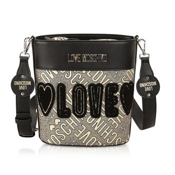 Túi Xách Love Moschino Signature Canvas And Eco Leather Bucket Bag Màu Đen Phối Be